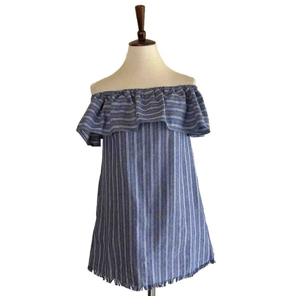 Nasty gal LOVERICHE Women's Blue Stripe Tulum Off-the-Shoulder Mini Dress Size S - Picture 2 of 16